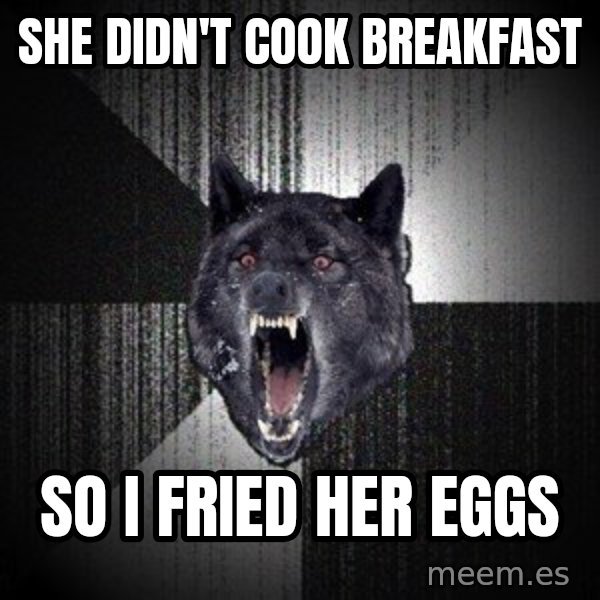 Insanity Wolf meme: SHE DIDN'T COOK BREAKFAST / SO I FRIED HER EGGS