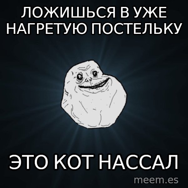Forever Alone meme: Ложишься в уже нагретую постельку / это кот нассал