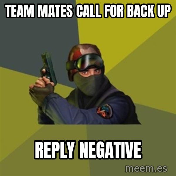 Counter Strike meme: team mates call for back up / reply negative