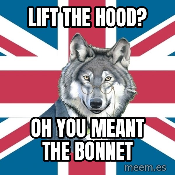 Sir Courage Wolf Esquire meme: Lift the hood? / Oh you meant the bonnet