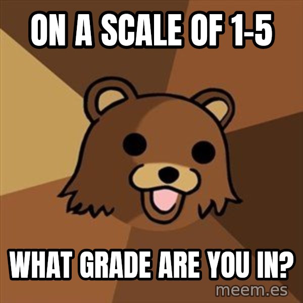 Pedobear meme: On a scale of 1-5 / What grade are you in?