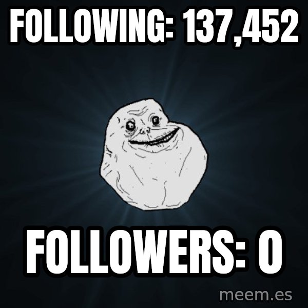 Forever Alone meme: following: 137,452 / Followers: 0