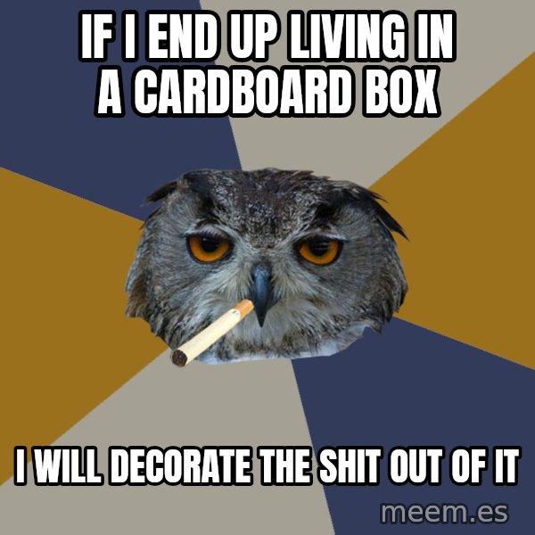 Art Student Owl meme: If i end up living in a cardboard box / I will decorate the shit out of it