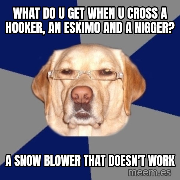 Racist Dawg meme: what do u get when u cross a hooker, an eskimo and a nigger? / A SNOW BLOWER that     doesn't work