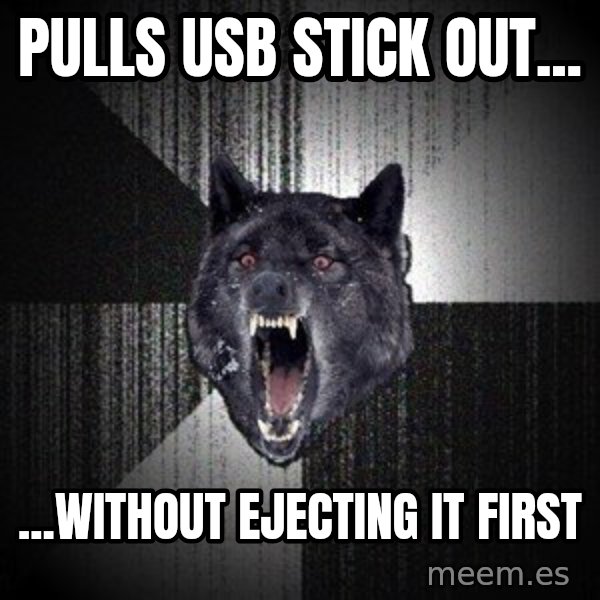 Insanity Wolf meme: pulls usb stick out... / ...without ejecting it first