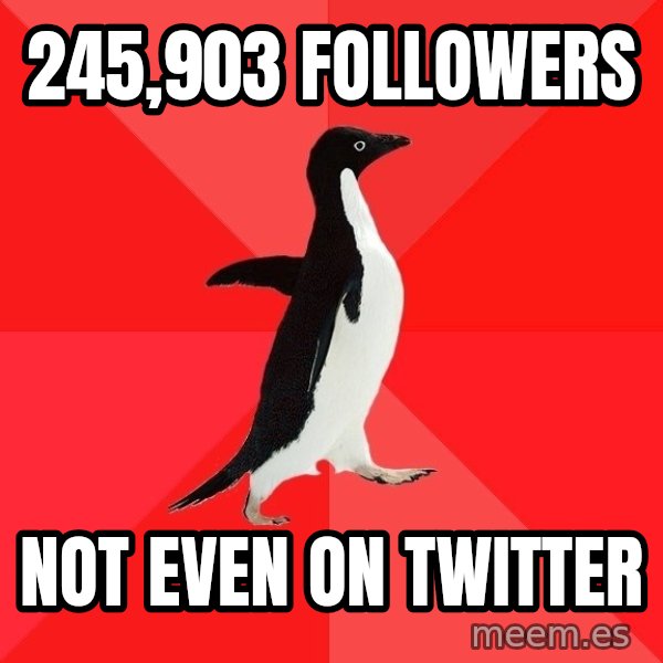 Socially Awesome Penguin meme: 245,903    FOLLOWERS / NOT EVEN ON TWITTER