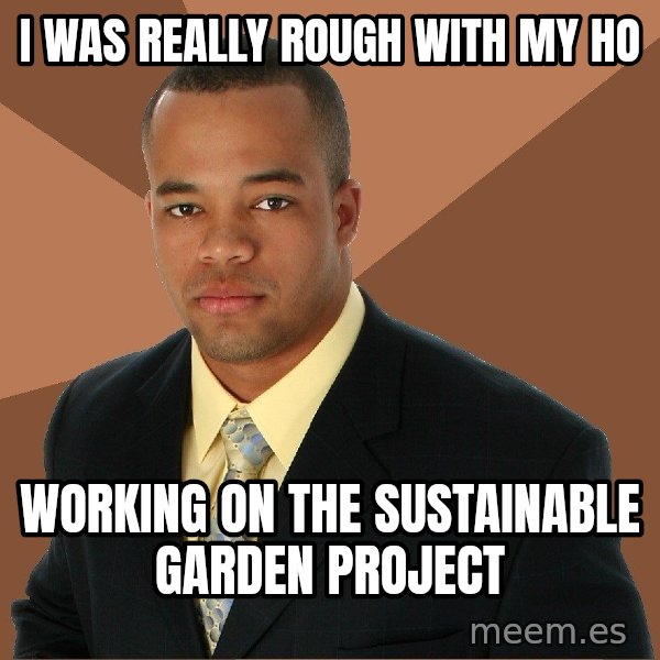 Successful Black Man meme: i was really rough with my ho / working on the sustainable garden project