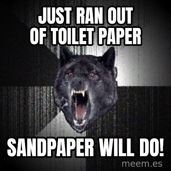 Insanity Wolf meme: just ran out of toilet paper / sandpaper will do!