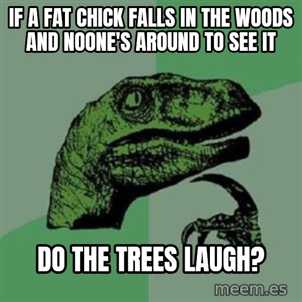 Philosoraptor meme: if a fat chick falls in the woods and noone's around to see it / do the trees laugh?