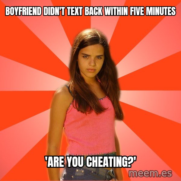Jealous Girl meme: boyfriend didn't text back within five minutes / 'are you cheating?'