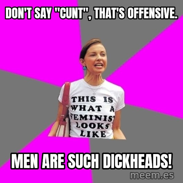 Feminist Cunt meme: Don't say "cunt", that's offensive. / Men are such dickheads!