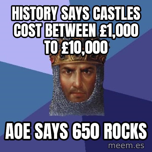 Age Of Empires meme: History says castles cost between £1,000 to £10,000 / AOE says 650 rocks