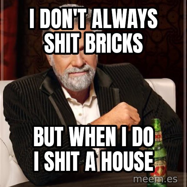 The Most Interesting Man In The World meme: I don't always shit bricks / BUT WHEN I DO I SHIT A HOUSE