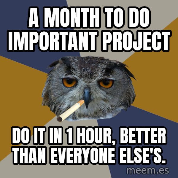 Art Student Owl meme: A month to do important project / do it in 1 hour, better than everyone else's.