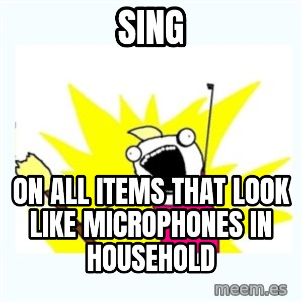 X ALL THE THINGS meme: SING / ON ALL ITEMS THAT LOOK LIKE MICROPHONES IN HOUSEHOLD