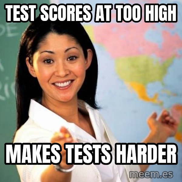 Unhelpful High School Teacher meme: test scores at too high / makes tests harder
