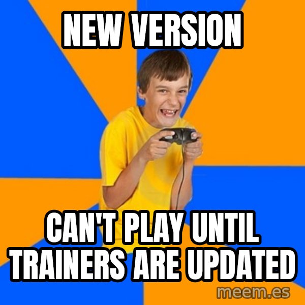 Annoying Gamer Kid meme: new version / can't play until trainers are updated