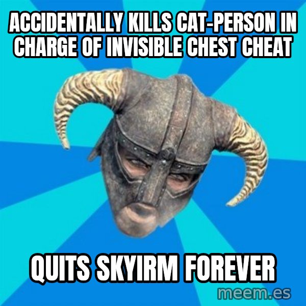 skyrim stan meme: accidentally kills cat-person in charge of invisible chest cheat / quits skyirm forever