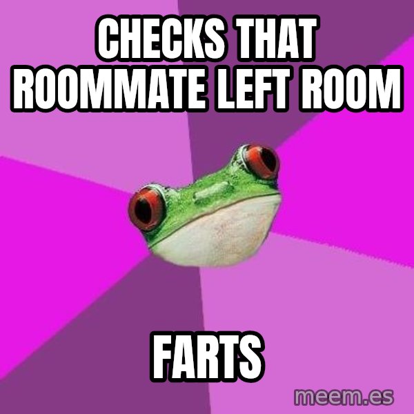 Foul Bachelorette Frog meme: Checks that roommate left room / farts