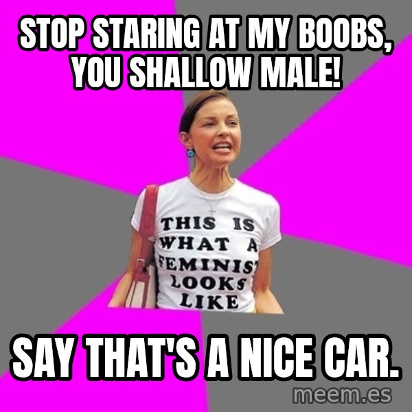Feminist Cunt meme: Stop staring at my boobs, you shallow male! / Say that's a nice car.