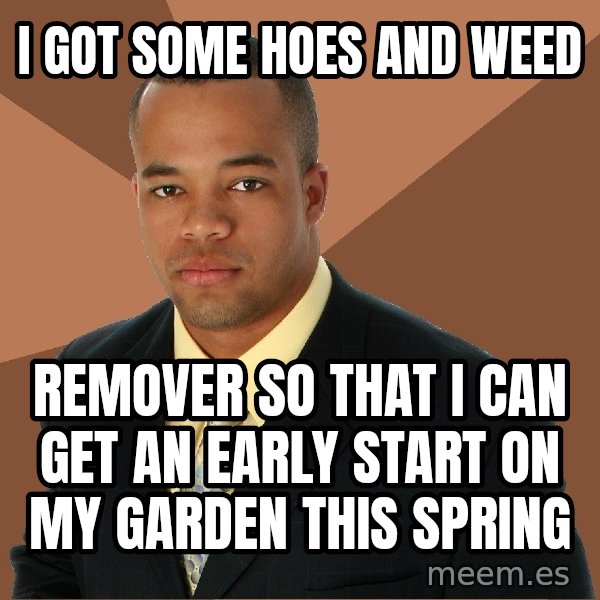 Successful Black Man meme: I got some hoes and weed / remover so that i can get an early start on my garden this  spring