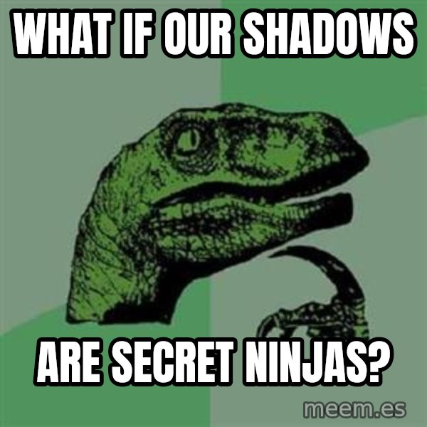 Philosoraptor meme: what if our shadows / Are secret ninjas?