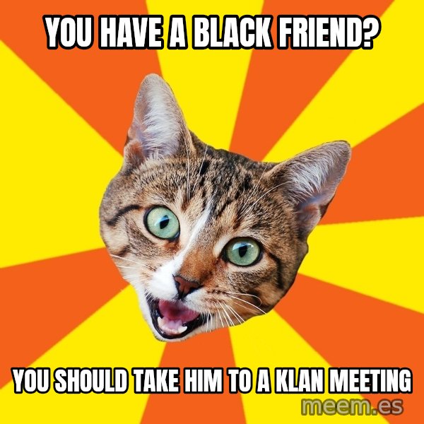 Bad Advice Cat meme: You have a black friend? / you should take him to a klan meeting