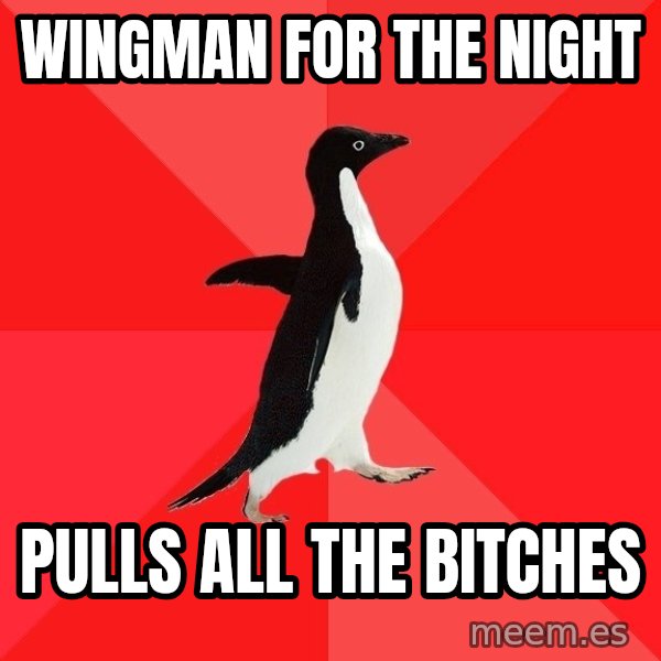 Socially Awesome Penguin meme: wingman for the night / pulls all the bitches