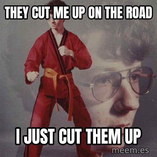 PTSD Karate Kyle meme: They cut me up on the road / I just cut them up