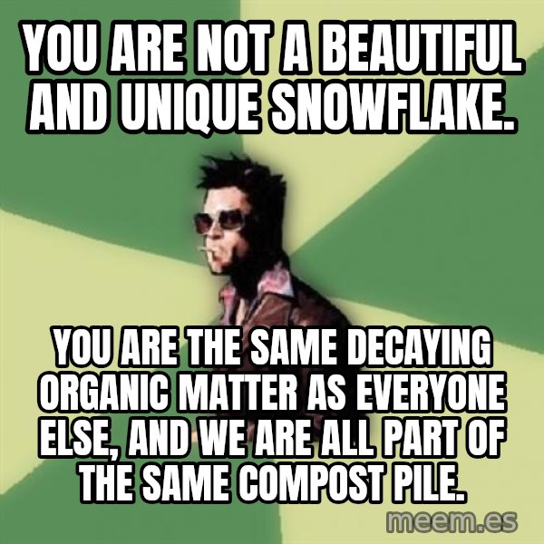 Tyler Durden meme: You are not a beautiful and unique snowflake. / you are the same decaying organic matter as everyone else, and we are all part of the same compost pile.