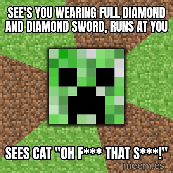 Minecraft Creeper meme: See's you wearing full diamond and diamond sword, runs at you / sees cat "oh f*** that s***!"