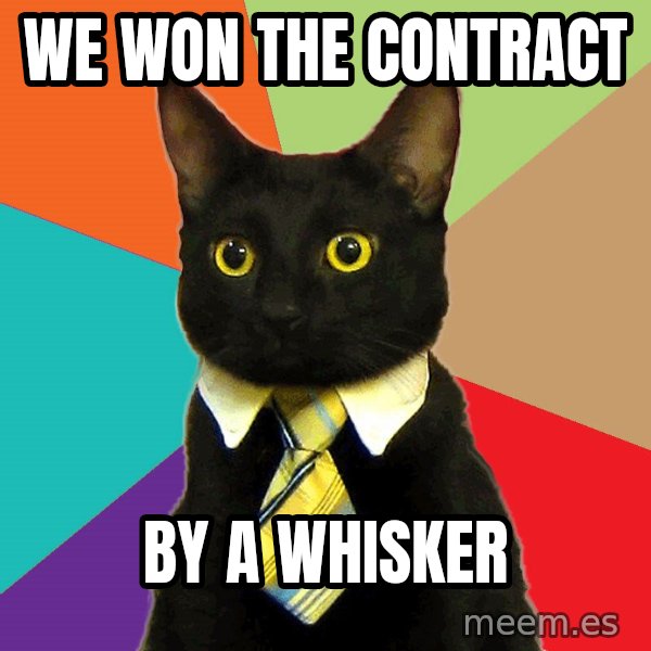 Business Cat meme: We won the contract / by a whisker