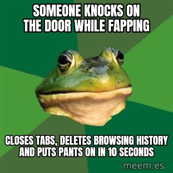 Foul Bachelor Frog meme: someone knocks on the door while fapping / closes tabs, deletes browsing history and puts pants on in 10 seconds