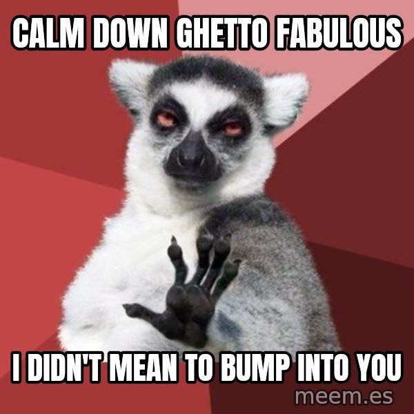 Chill Out Lemur meme: calm down ghetto fabulous / i didn't mean to bump into you