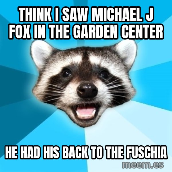 Lame Pun Coon meme: think i saw michael j fox in the garden center / he had his back to the fuschia