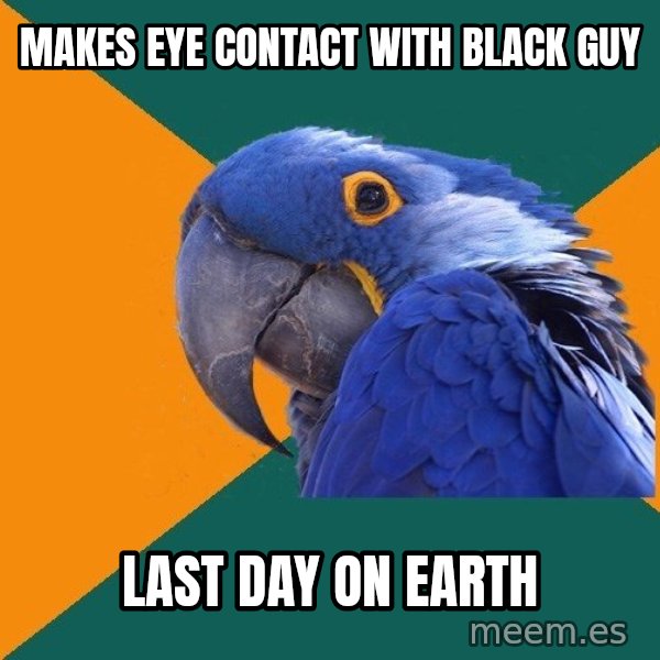 Paranoid Parrot meme: makes eye contact with black guy / last day on earth