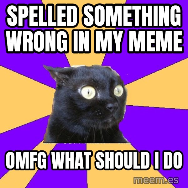 Anxiety Cat meme: Spelled something wrong in my meme / omfg what should I do
