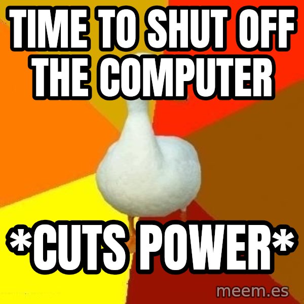 Technologically Impaired Duck meme: time to shut off the computer / *cuts power*
