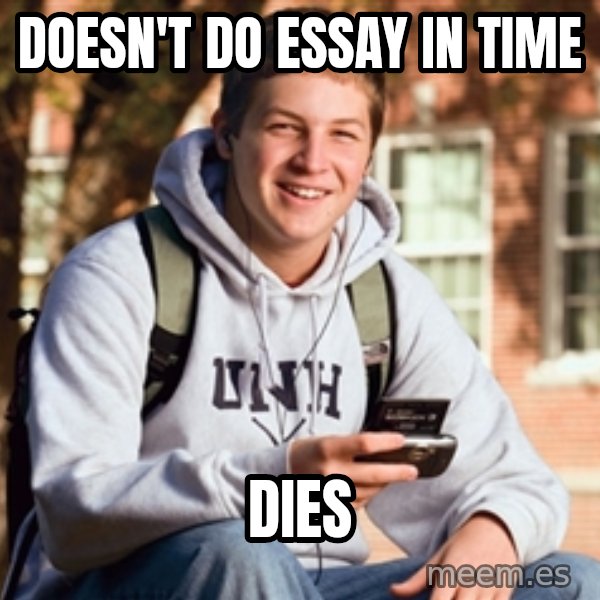 College Freshman meme: Doesn't do essay in time / dies