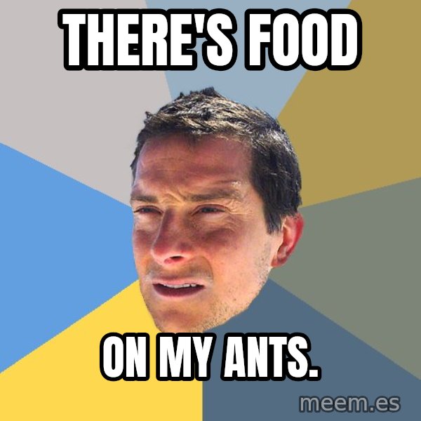 Bear Grylls meme: There's food / On my ants.
