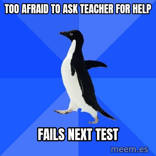Socially Awkward Penguin meme: too afraid to ask teacher for help / fails next test