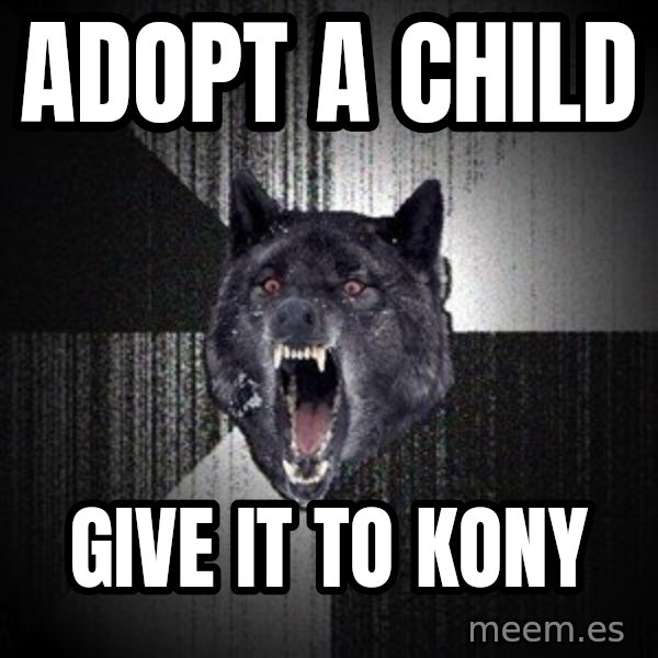 Insanity Wolf meme: ADOPT A CHILd / GIVE IT TO KONY