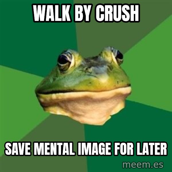 Foul Bachelor Frog meme: walk by crush / save mental image for later