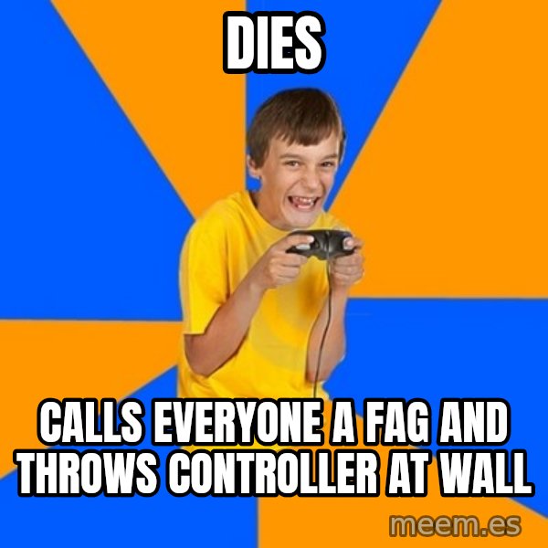 Annoying Gamer Kid meme: Dies / Calls everyone a fag and throws controller at wall