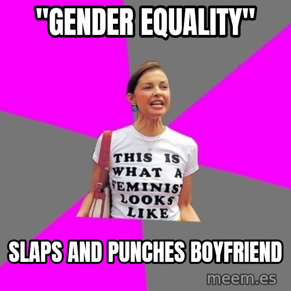 Feminist Cunt meme: "gender equality" / slaps and punches boyfriend