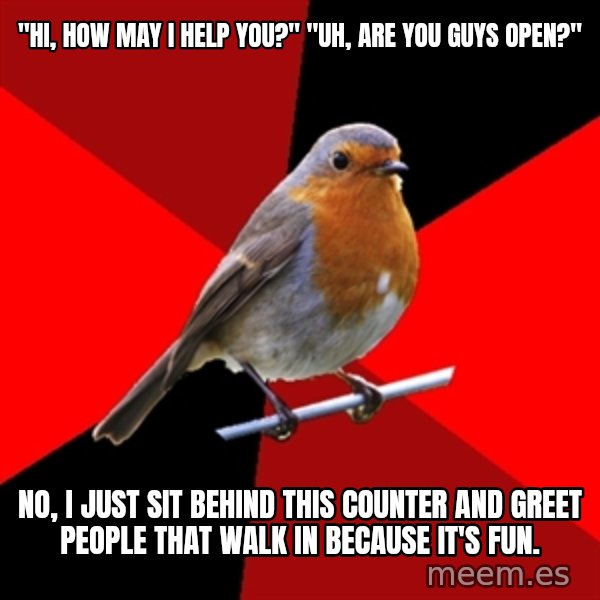 Retail Robin meme: "Hi, how may I help you?" "Uh, are you guys open?" / No, I just sit behind this counter and greet people that walk in because it's fun.
