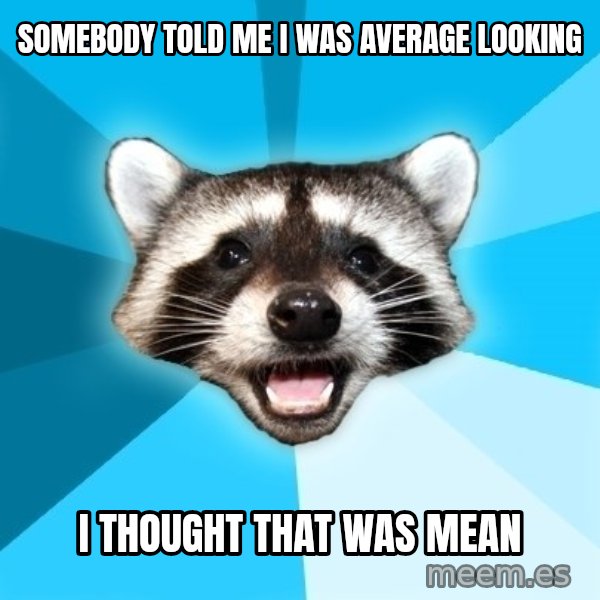 Lame Pun Coon meme: Somebody told me i was average looking / i thought that was mean
