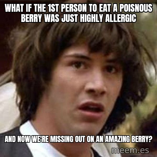Conspiracy Keanu meme: What if the 1st person to eat a poisnous berry was just highly allergic / and now we're missing out on an amazing berry?