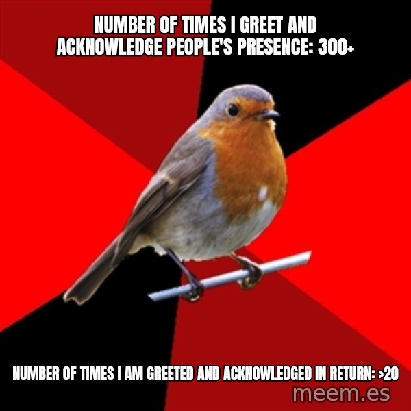 Retail Robin meme: Number of times I greet and ACKNOWLEDGE people's PRESENCE: 300+ / NUMBER OF TIMES I am GREETed AND ACKNOWLEDGEd in return: >20