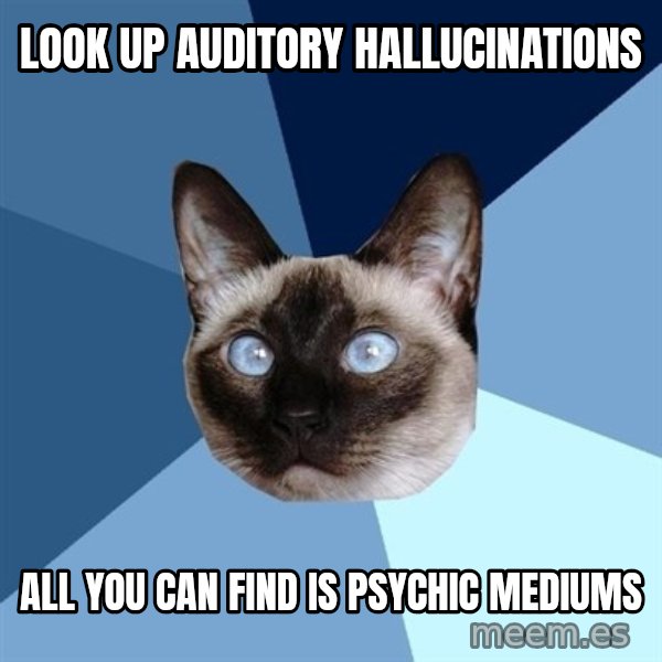 Chronic Illness Cat meme: Look up auditory hallucinations / all you can find is psychic mediums
